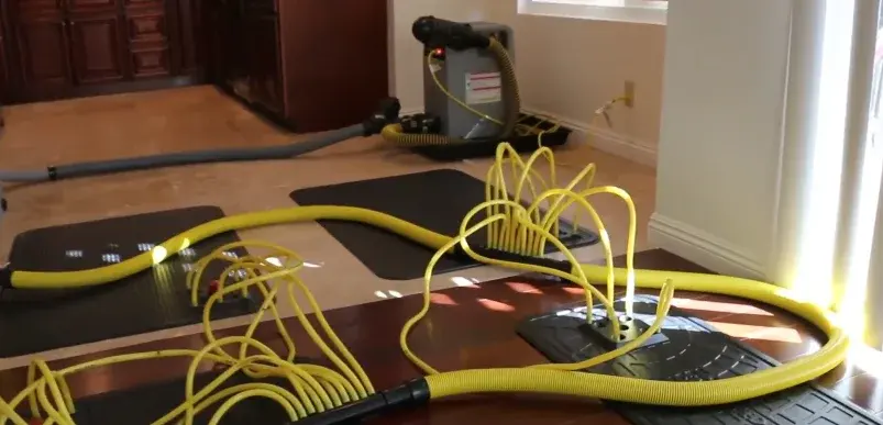 Drying mats and hoses pulling water out of a wood floor in Punta Gorda